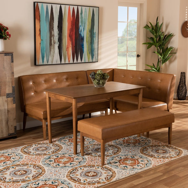 Baxton Studio Baxton Studio Mid-Century Modern Tan Faux Leather Dining Nook Set with Walnut Wood Finish for Small Spaces Arvid 4-Piece BBT8051-Tan/Walnut-4PC Dining Nook Set