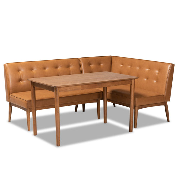 Baxton Studio Baxton Studio Mid-Century Modern Tan Faux Leather Dining Nook Set with Walnut Wood Finish for Small Spaces Arvid 3-Piece BBT8051-Tan/Walnut-3PC Dining Nook Set