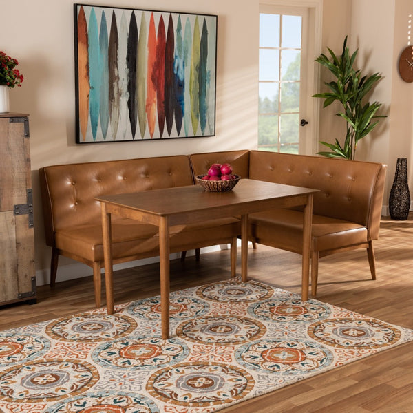 Baxton Studio Baxton Studio Mid-Century Modern Tan Faux Leather Dining Nook Set with Walnut Wood Finish for Small Spaces Arvid 3-Piece BBT8051-Tan/Walnut-3PC Dining Nook Set