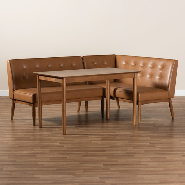 Baxton Studio Baxton Studio Mid-Century Modern Tan Faux Leather Dining Nook Set with Walnut Wood Finish for Small Spaces Arvid 3-Piece BBT8051-Tan/Walnut-3PC Dining Nook Set