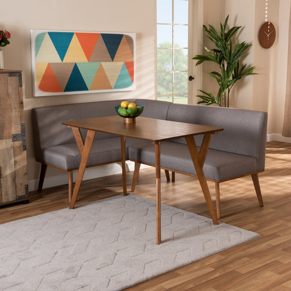 Baxton Studio Baxton Studio Mid-Century Modern Dining Nook Set with Grey Upholstery and Walnut Finish for Cozy Spaces Odessa 3-Piece BBT8054-Grey/Walnut-3PC Dining Nook Set