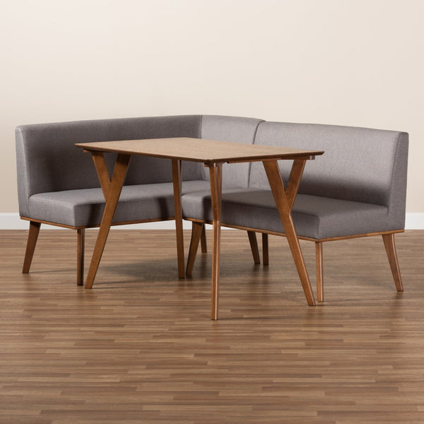 Baxton Studio Baxton Studio Mid-Century Modern Dining Nook Set with Grey Upholstery and Walnut Finish for Cozy Spaces Odessa 3-Piece BBT8054-Grey/Walnut-3PC Dining Nook Set