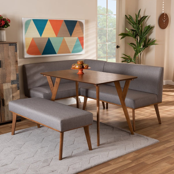 Baxton Studio Baxton Studio Mid-Century Modern Dining Nook Set with Grey Upholstery and Walnut Finish for Cozy Spaces Odessa 4-Piece BBT8054-Grey/Walnut-4PC Dining Nook Set