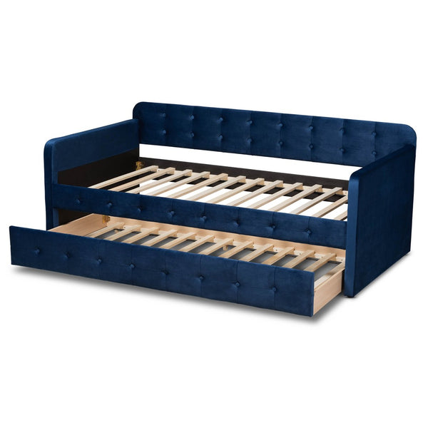Baxton Studio Baxton Studio Jona Modern Velvet Daybed with Trundle - Stylish, Space-Saving Comfort for Any Room Twin CF9183-Navy Blue-Daybed-T/T