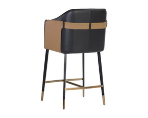 Sunpan Carter Barrel Back Barstool in Faux Leather with Black Steel Legs and Copper Foot Caps for Elegance Napa Black / Napa Cognac