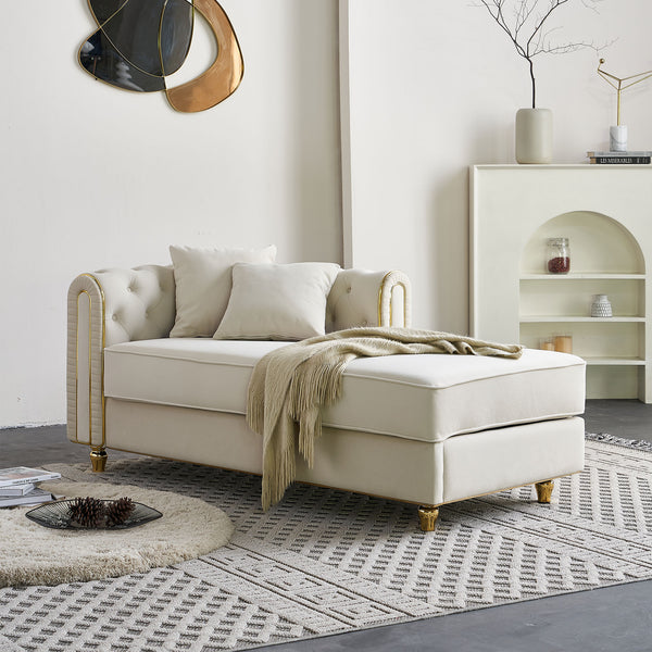 English Elm 66.9''W Velvet Chaise Lounge with Tufted Back and Gold Trim, Luxury Modern Sofa for Living Room Beige W579P224630