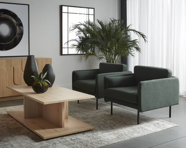 Sunpan Luella Upholstered Accent Armchair Mid-Century Pine Fabric with Sleek Black Metal Legs 108462
