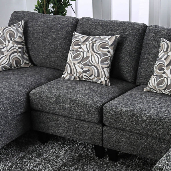 English Elm Gray Chenille 5pc Sectional Sofa Set with Chaise Ottoman & Patterned Pillows, Plush High-Density Comfort, Tapered Legs B2741S00063