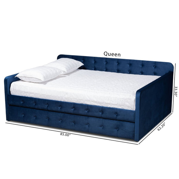 Baxton Studio Baxton Studio Jona Modern Velvet Daybed with Trundle - Stylish, Space-Saving Comfort for Any Room Queen CF9183-Navy Blue-Daybed-Q/T