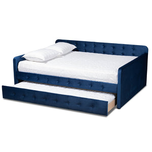 Baxton Studio Baxton Studio Jona Modern Velvet Daybed with Trundle - Stylish, Space-Saving Comfort for Any Room Queen CF9183-Navy Blue-Daybed-Q/T
