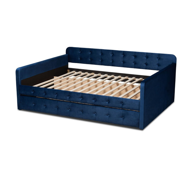 Baxton Studio Baxton Studio Jona Modern Velvet Daybed with Trundle - Stylish, Space-Saving Comfort for Any Room Queen CF9183-Navy Blue-Daybed-Q/T