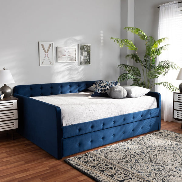 Baxton Studio Baxton Studio Jona Modern Velvet Daybed with Trundle - Stylish, Space-Saving Comfort for Any Room Queen CF9183-Navy Blue-Daybed-Q/T