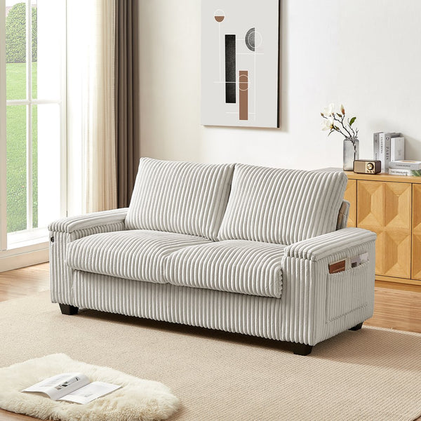 English Elm 71" Loveseat Plush Corduroy Small Sofa with Armrest Storage, USB Port, Solid Wood Frame, Beige W542P210606