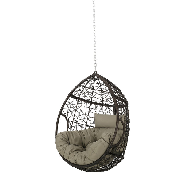 English Elm Christopher Knight Home® - CASTAIC Teardrop Hanging Chair with 8ft Chain — Durable PE Rattan, Water-Resistant Cushions, Cozy Lounging Khaki+Brown 70772.00KHAKMULBRN