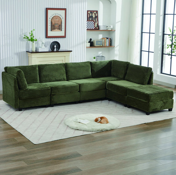 English Elm Corduroy Plush U-Shaped Sectional Sofa with Storage Ottoman, Pet-Friendly Durable Modular Comfort Green W2915S00065
