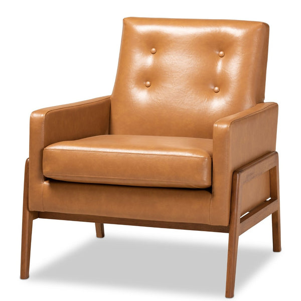 Baxton Studio Baxton Studio Perris Mid-Century Lounge Chair: Tan Faux Leather, Walnut Finish, Stylish Comfort BBT8042-Tan/Walnut-CC