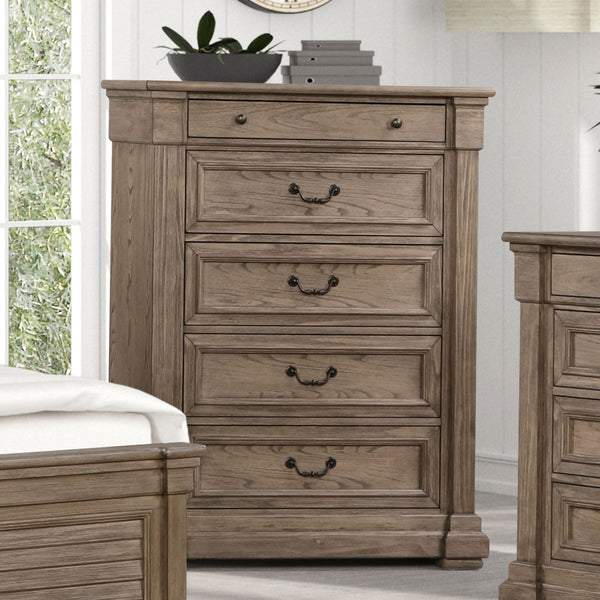 English Elm Weathered Gray Chest 39"W x 52"H Transitional Solid & Engineered Wood, French-Front Dovetail Drawers, Metal Glides and Handles B2741P373195