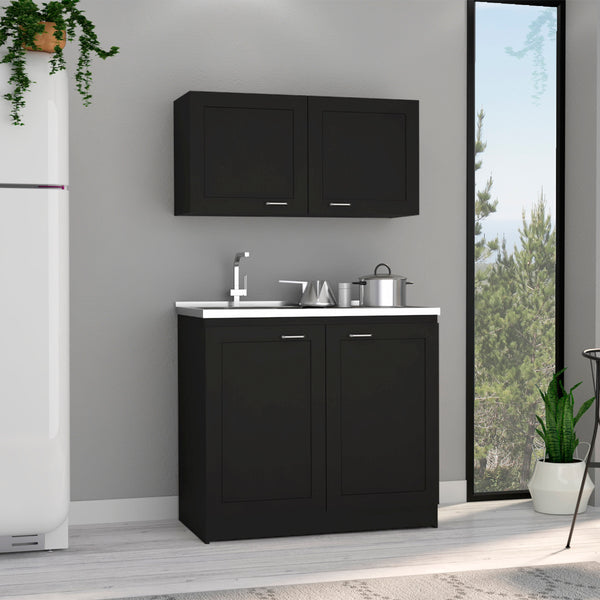 English Elm Zurich Modern Black Cabinet Set with Two Shelves — Particle Board, Multi-Height Counters, Compact Storage B070S00347
