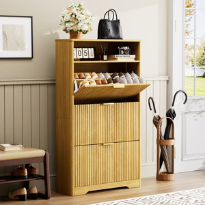 English Elm Shoe Cabinet Slim Entryway Organizer with Flip Compartments Wave Front and Gold Hardware Natural W1162P384348