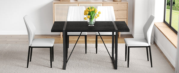 English Elm Black Faux Wood Grain Rectangular Dining Set with Shell Pattern Upholstered Chairs White+Black W1151S04366