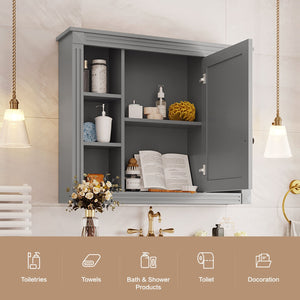 English Elm 35'' Modern Medicine Cabinet with Mirror and Towel Rod, MDF Wall-Mounted Bathroom Storage with Adjustable Shelves and Soft-Close Hinges Grey WF305081AAE