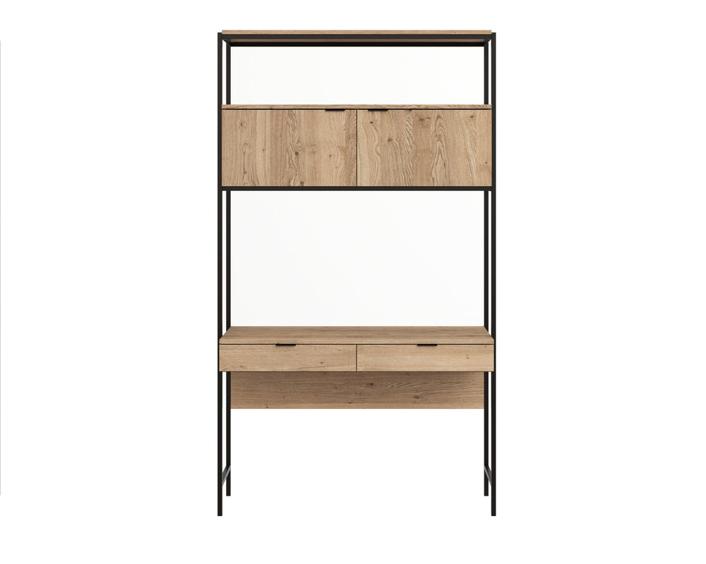 Sunpan Ambrose Wall Mounted Oak Desk with Storage Cabinets for Industrial Home Office 108795