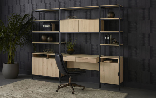 Sunpan Ambrose Wall Mounted Oak Desk with Storage Cabinets for Industrial Home Office 108795