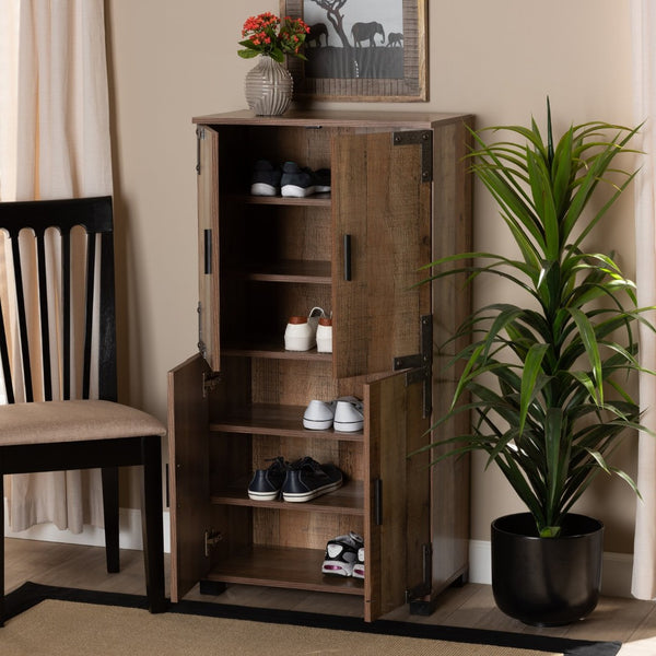 Baxton Studio Baxton Studio Cyrille Rustic Farmhouse Shoe Cabinet with Metal Accents for Stylish Entryway Storage 4-Door ID-SC003-Yosemile Oak-Shoe Rack