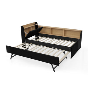 English Elm Twin Size Velvet Daybed With Adjustable Height Headboard, Storage, Trundle & Led Lights - Black W1413S00112-GIGA