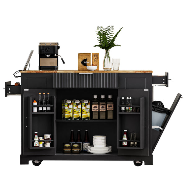 English Elm K&K Fluted Kitchen Island Cart with Tilt-Out Trash, Charging Station, Hidden Wheels & Ample Storage Black N707P221571B