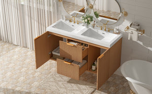 English Elm [video]47.24 Inch Floating Double Sink Vanity Mdf Cabinet Gold Handles Modern Bath N729P000025N