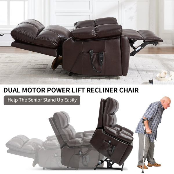 English Elm Brown Leatheraire Power Lift Recliner Dual Motor Massage Heat Heavy Duty 350lb W1803P340308