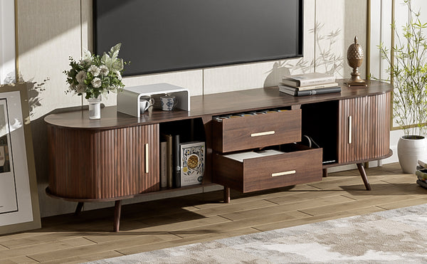 English Elm Mid-Century Solid Wood TV Stand for 80" TVs – Waterproof Finish, Sliding Doors & 2 Drawers Storage N710P257611P