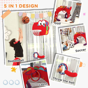 English Elm Qaba Dinosaur Toddler Sports Center 5 in 1 Adjustable Basketball Goal Indoor Play W2225P217347