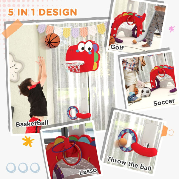 English Elm Qaba Dinosaur Toddler Sports Center 5 in 1 Adjustable Basketball Goal Indoor Play W2225P217347