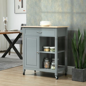 English Elm HOMCOM Mobile Kitchen Island Cart with Solid Wood Top, Drawer, Cabinet & Towel Rack for Dining Room Grey W2225P217391