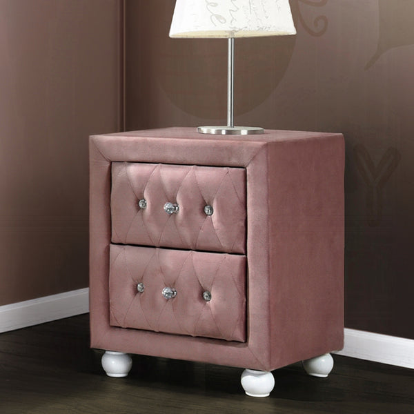 English Elm Fabric Glam Pink Upholstered Nightstand with 2 Drawers, Crystal Tufting, White Bun Legs, Sparkle Hardware B016P256487