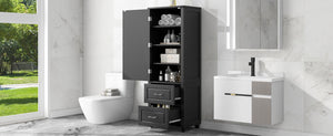 English Elm Tall Bathroom Storage Cabinet - Stylish Freestanding Unit With Two Drawers & Adjustable Shelf, Black N725P241045B-GIGA