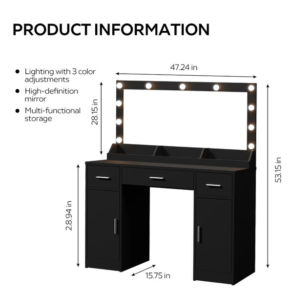 English Elm 47.2"vanity Desk with Lighted Mirror Three Drawers Mdf Makeup Table for Bedroom W2386P415281