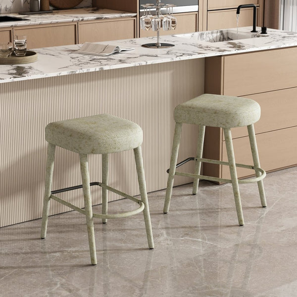 English Elm Backless Blue Fabric Upholstered Counter Stools Set of Two with Padded Seat Footrest Green W5096P400663
