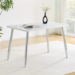 English Elm Modern Marble Look Glass Top Rectangular Dining Table Seats Six Silver Tapered Legs W1151S04623