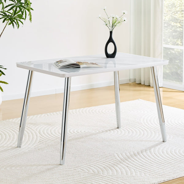 English Elm Modern Marble Look Glass Top Rectangular Dining Table Seats Six Silver Tapered Legs W1151S04623