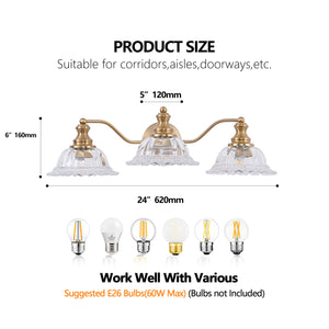 English Elm 24 Vintage 3-Light Wall Sconce with Iron and Glass Shades – Stylish Hardwired Vanity Fixture for Bathroom Mirror Gold W2312P374845