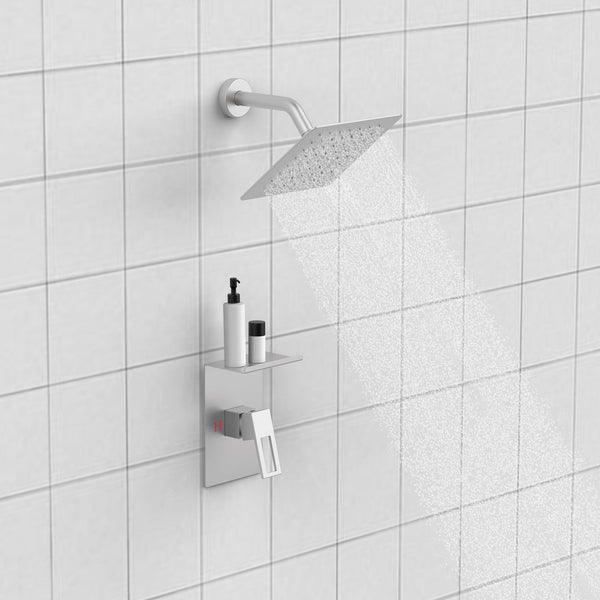 English Elm Shower 8" Square Rain Head Faucet Set with Single-Handle Mixer, 15" Arm, Rack Storage & Detachable Trim (Modern) Brushed Nickel T3177P269411