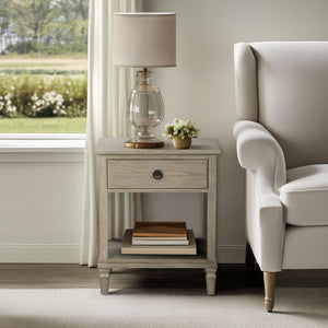 English Elm Victoria Aged Oak Nightstand with Solid Wood Legs, Wire-Brushed Veneer, Drawer & Open Shelf Grey 27 L x 22.75 W x 27.63 H B035P341169