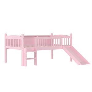 English Elm Twin Low Loft Bed Solid Pine Frame with Built-in Led Lighting and Storage Shelves Pink W1580P395929