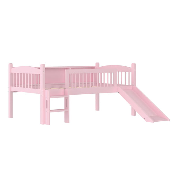 English Elm Twin Low Loft Bed Solid Pine Frame with Built-in Led Lighting and Storage Shelves Pink W1580P395929