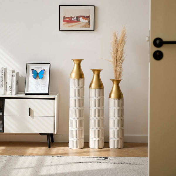 English Elm Floor White Metal Vases Set of 3 — Tall Glazed Cylinder Decor with Hammered Gold Trim, 24/28.7/33.5in W2796P193943