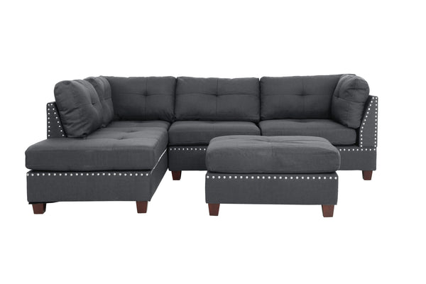 English Elm 3-PC Sectional Blue Gray Fabric Sofa Set with Reversible Chaise, Ottoman & Wood Frame, 104"W x 35"H B089S00113