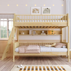 English Elm Twin Over Solid Wood Bunk Bed with Built in Shelves and Reversible Ladder N7090002224N